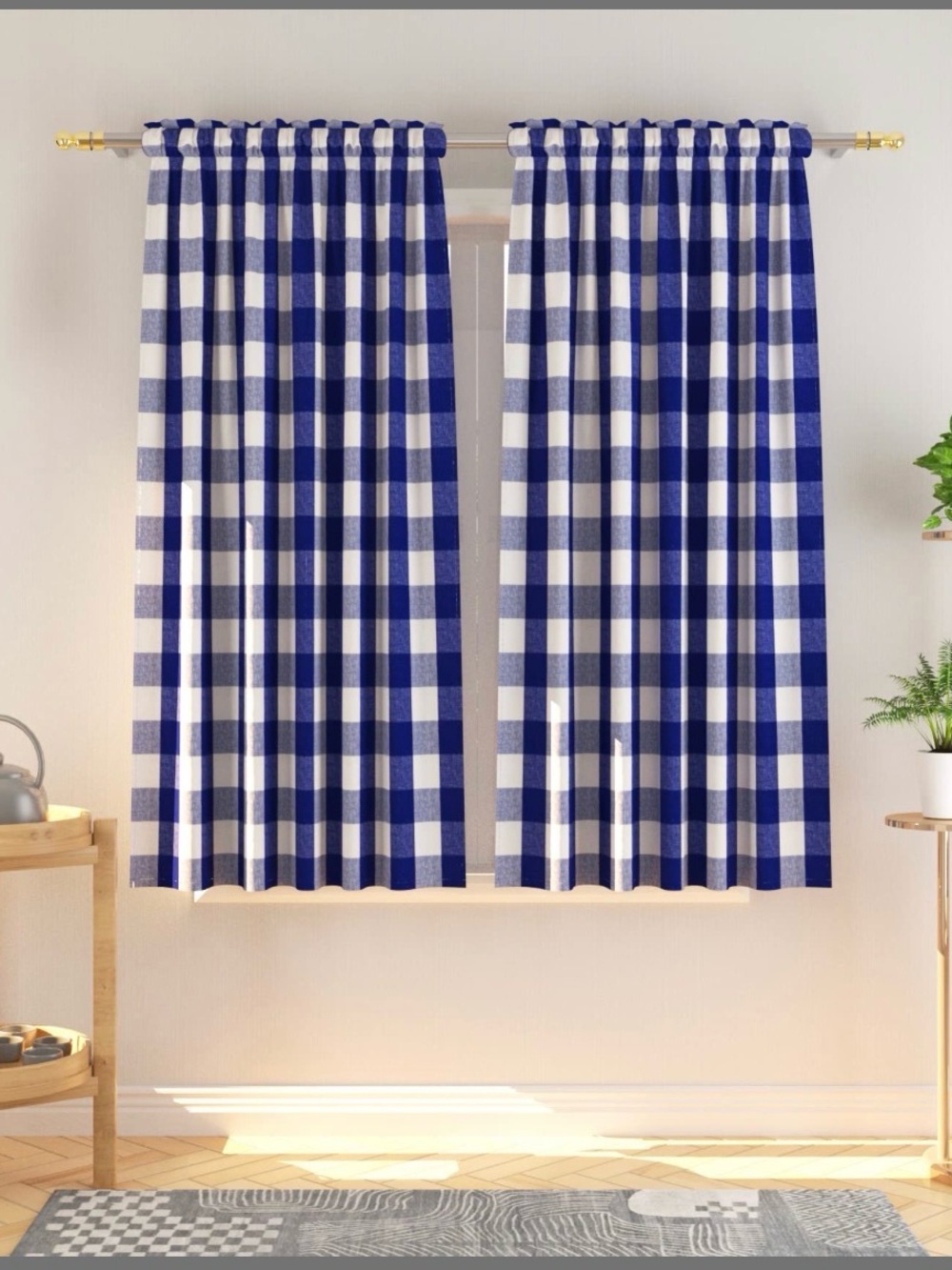 Blue and White Check   Curtains -